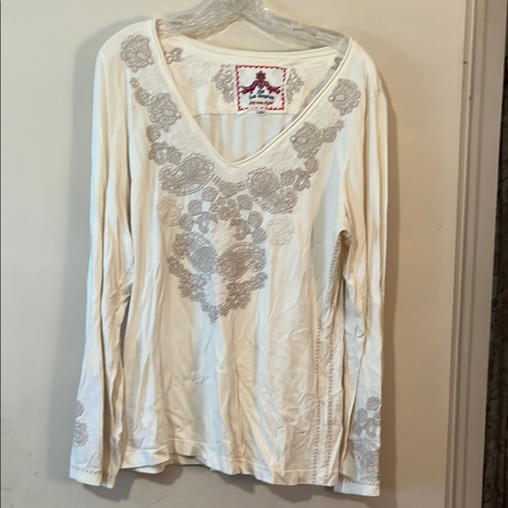 Johnny Was Cream Graphic Long Sleeve Blouse